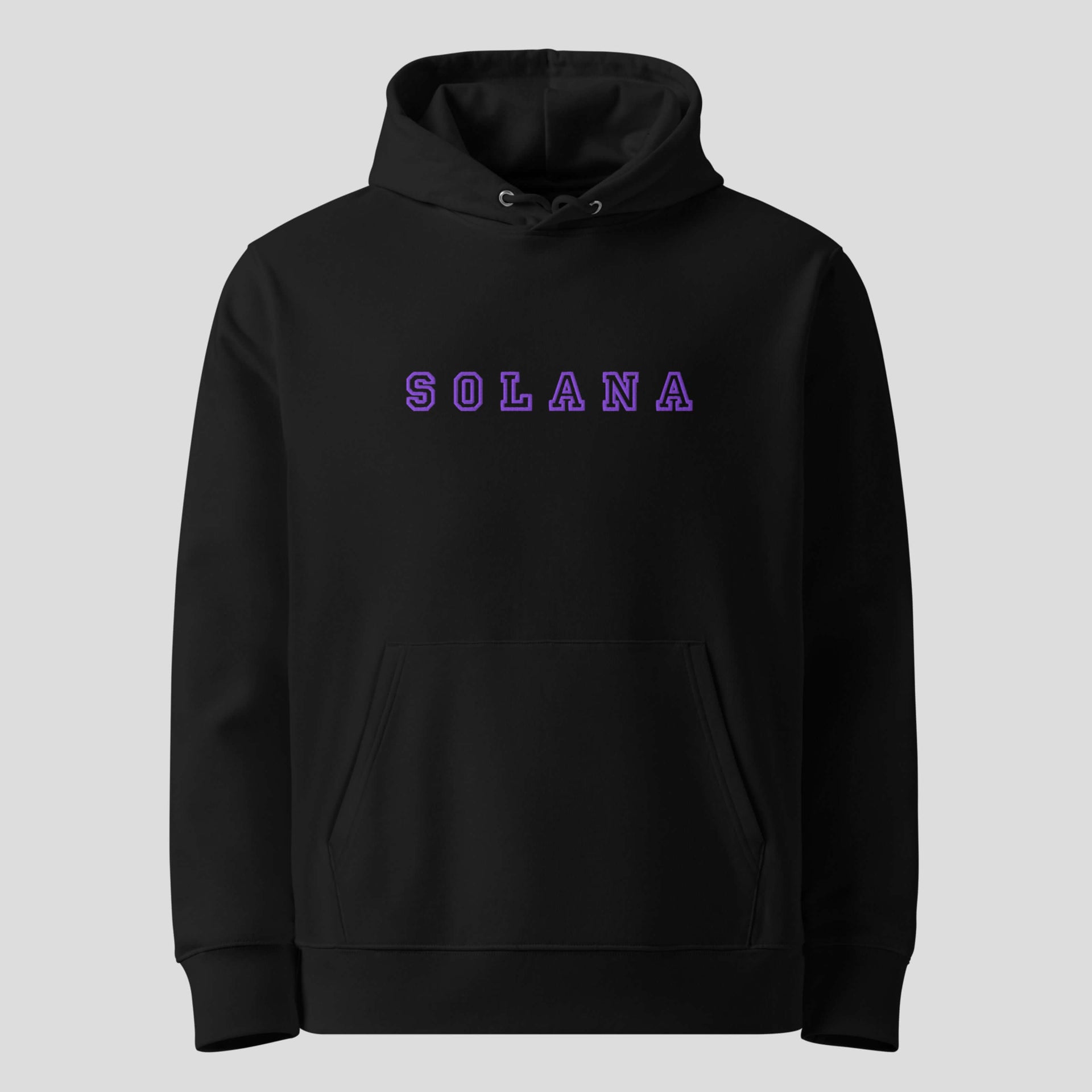 Black premium cotton hoodie with embroidered Solana text on chest