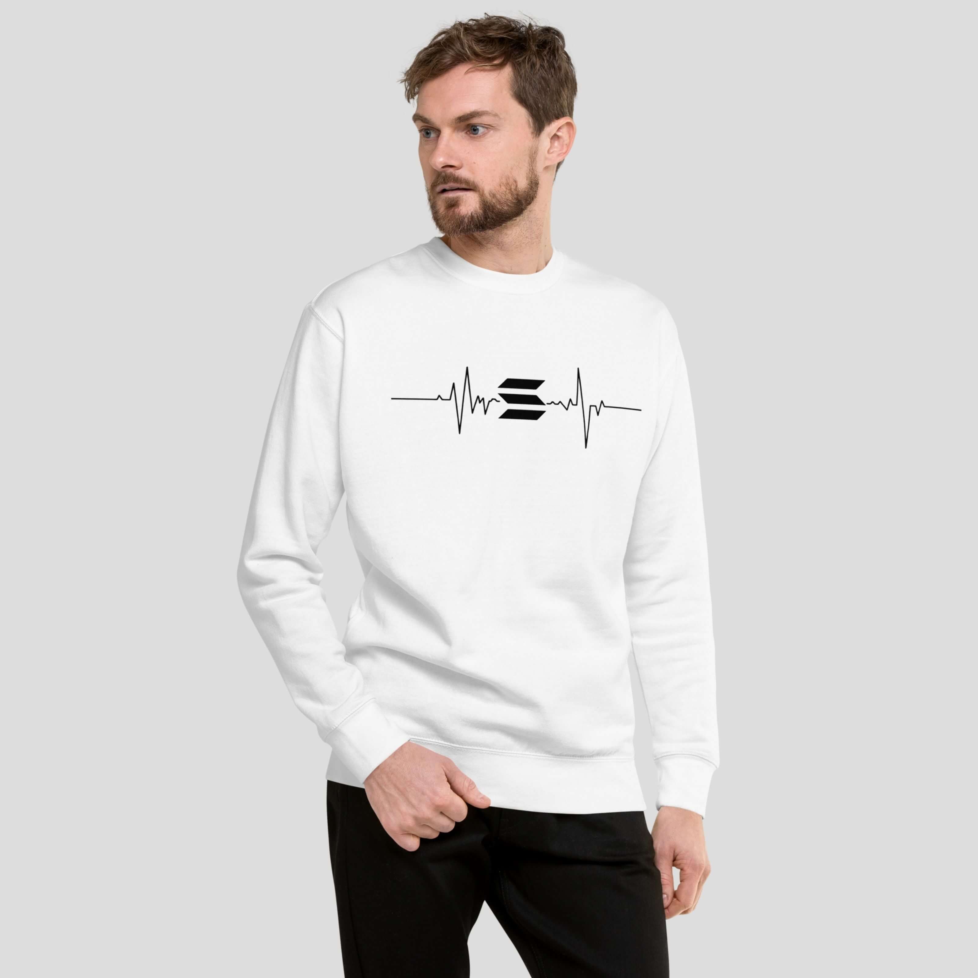 man wearing white solana heartbeat crypto crewneck sweatshirt