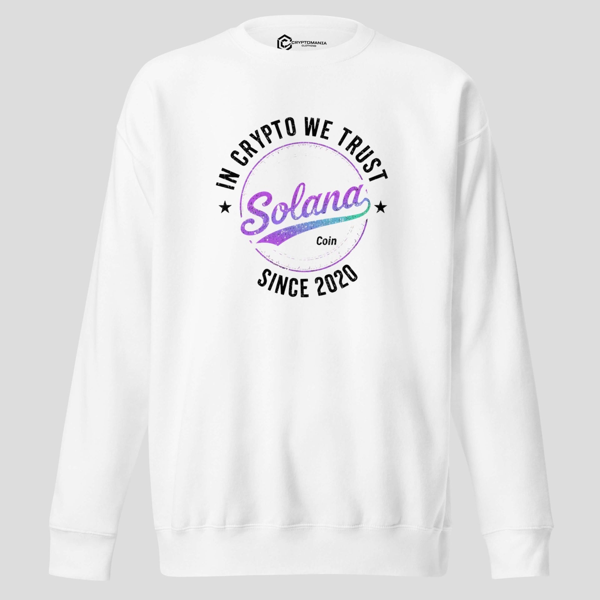 solana in crypto we trust white crewneck sweatshirt for sol holders