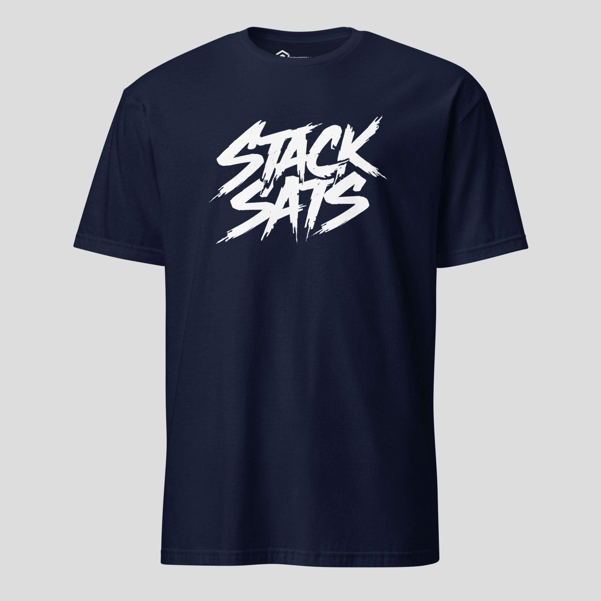 Navy blue stack sats bitcoin t-shirt with minimalist crypto text design
