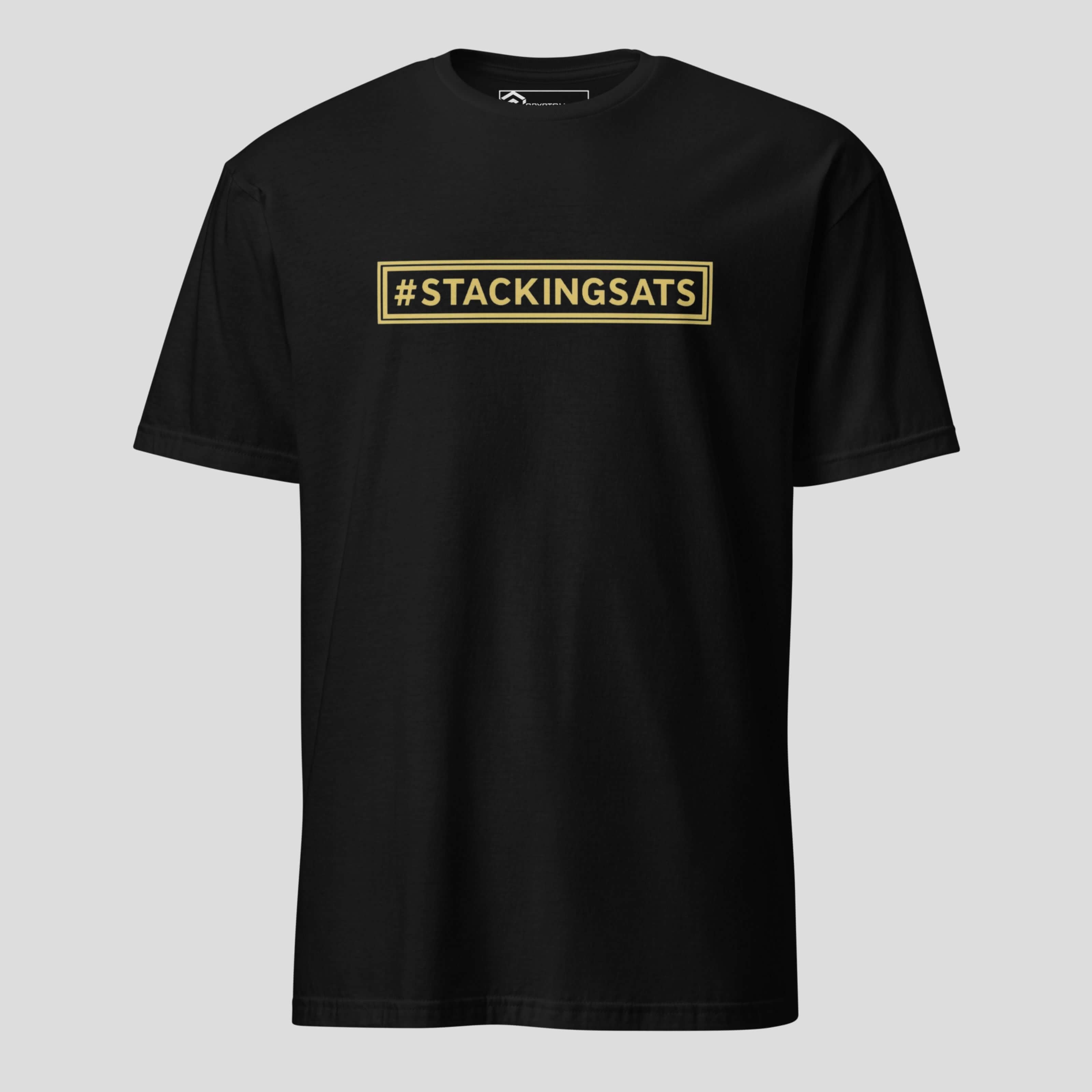 Black bitcoin stacking sats t-shirt with minimal #stackingsats design for crypto holders