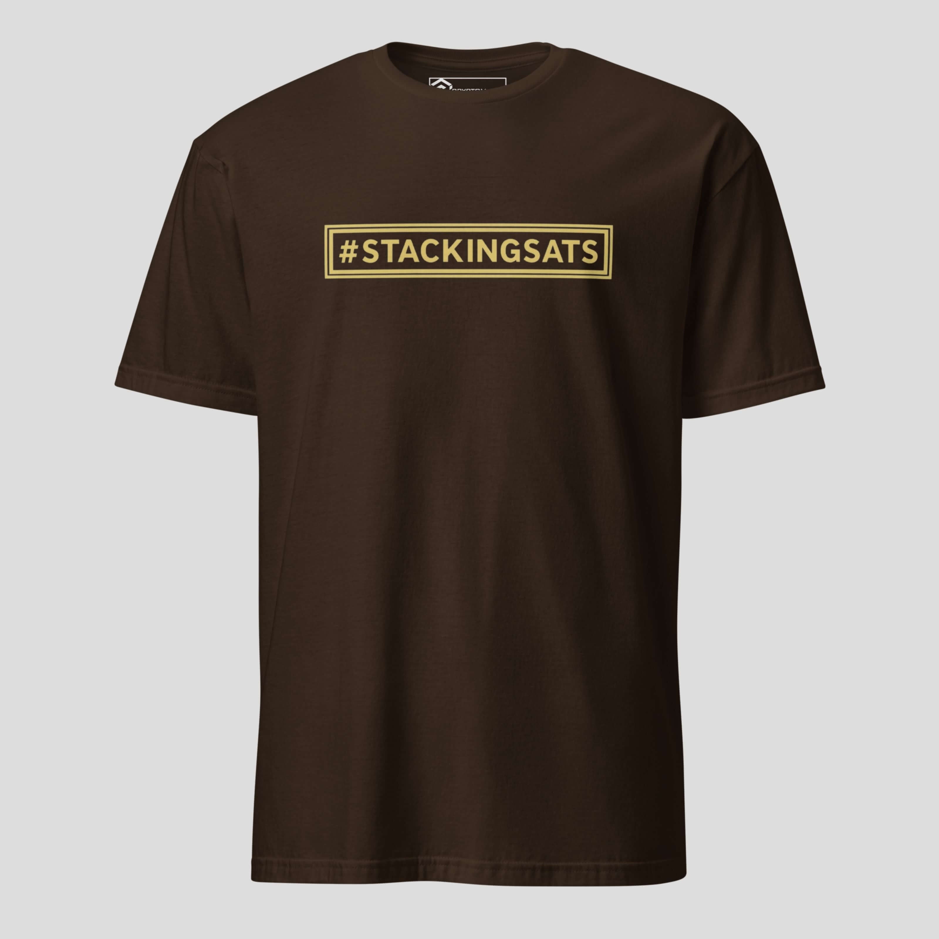 Brown bitcoin stacking sats t-shirt featuring minimalist crypto holder slogan
