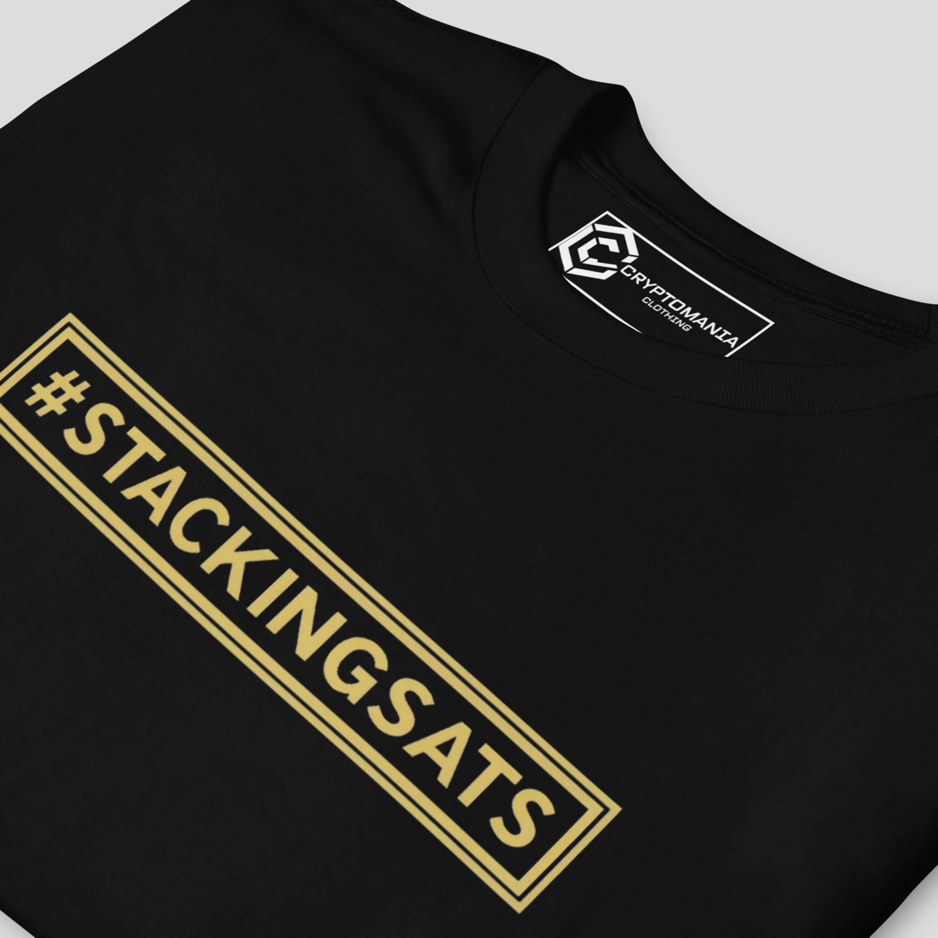 Close-up of #stackingsats bitcoin t-shirt print for crypto investors and traders