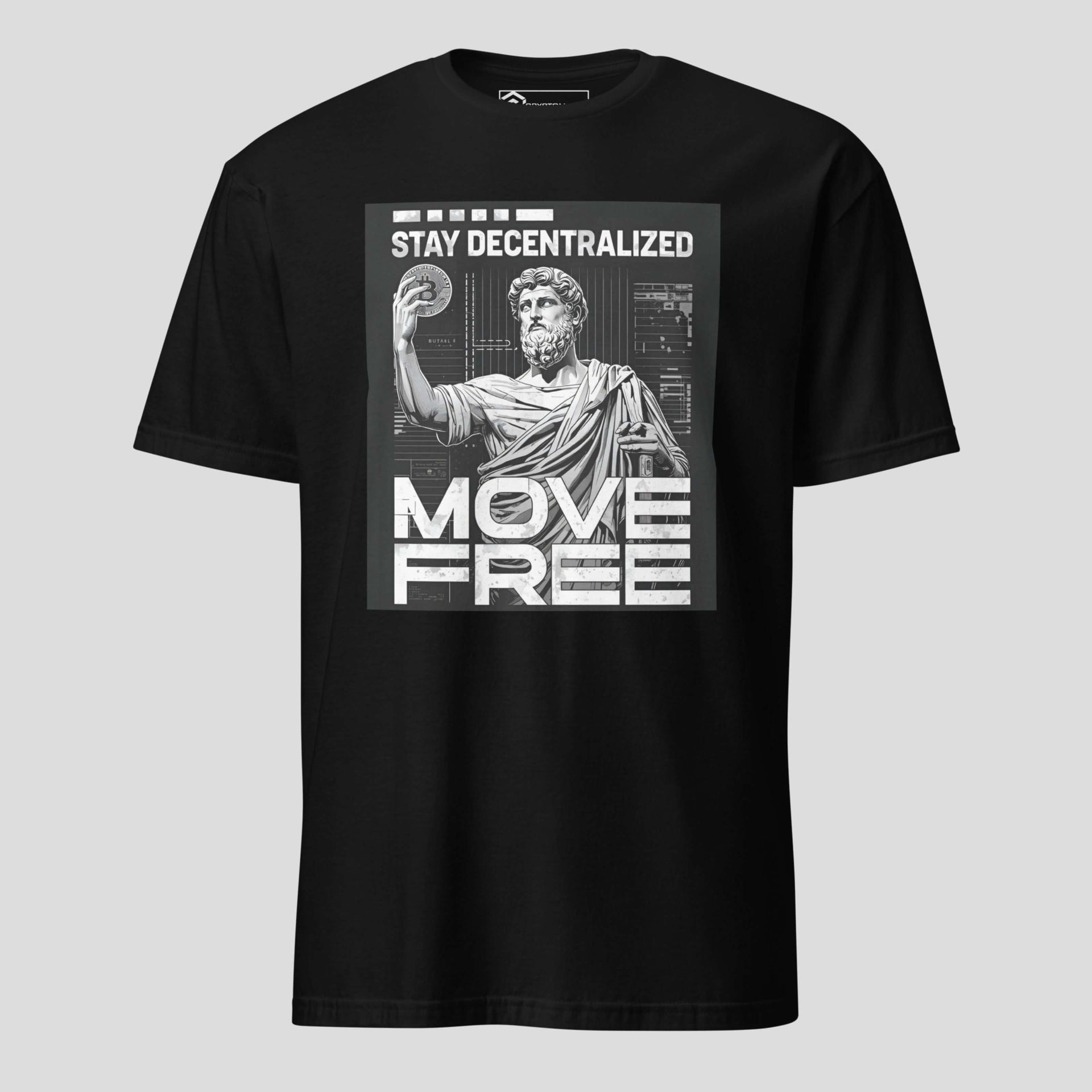 Stay decentralized move free crypto inspired t-shirt with classical statue and blockchain design on black cotton