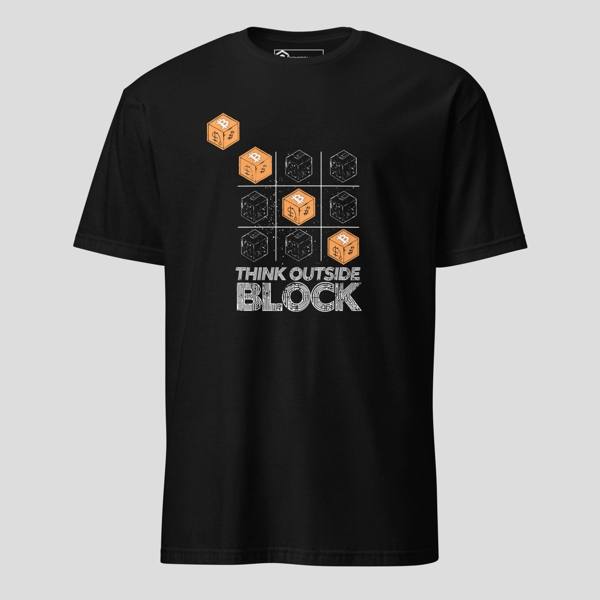 Black Bitcoin t-shirt with Think Outside the Block crypto design