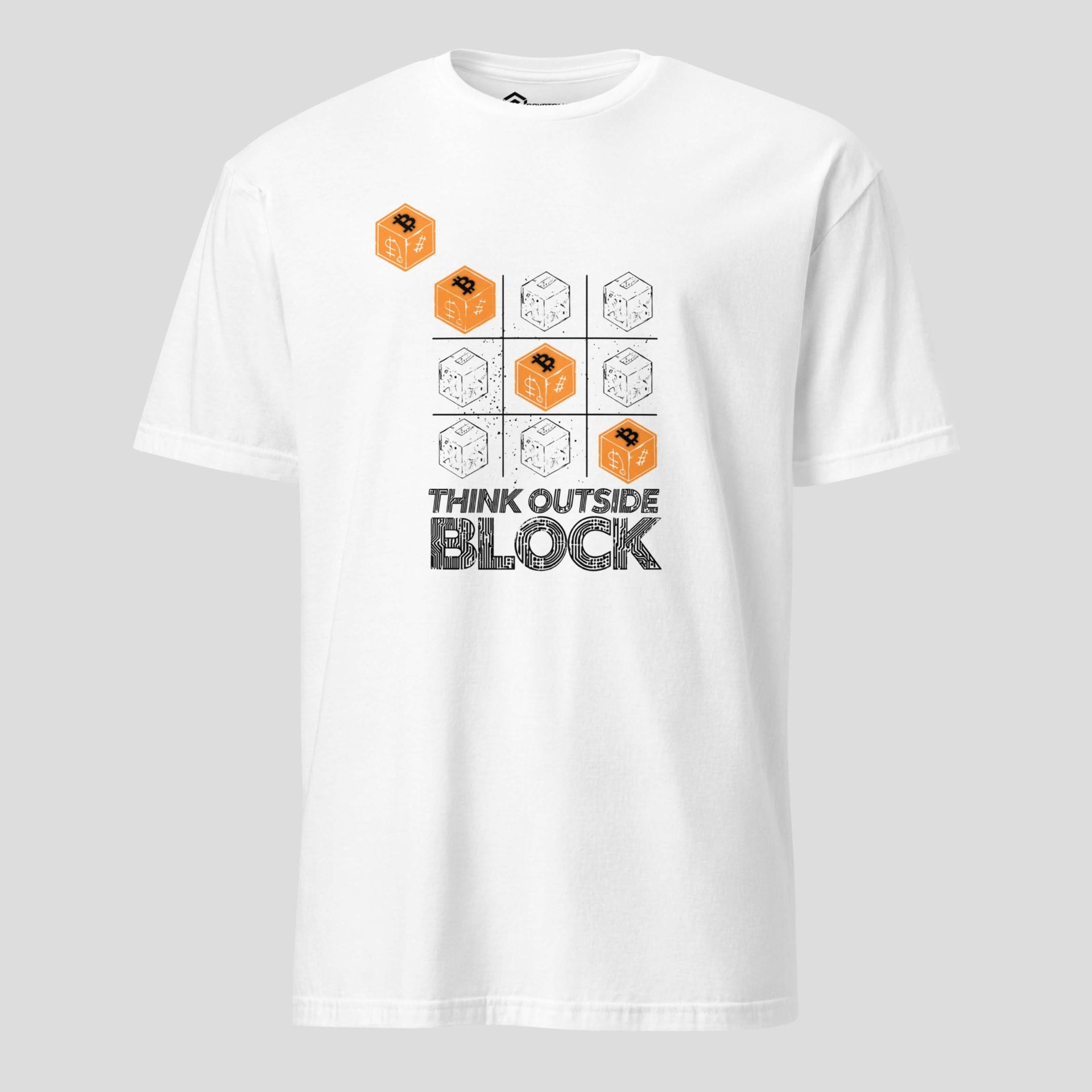 White Bitcoin t-shirt with Think Outside the Block crypto design
