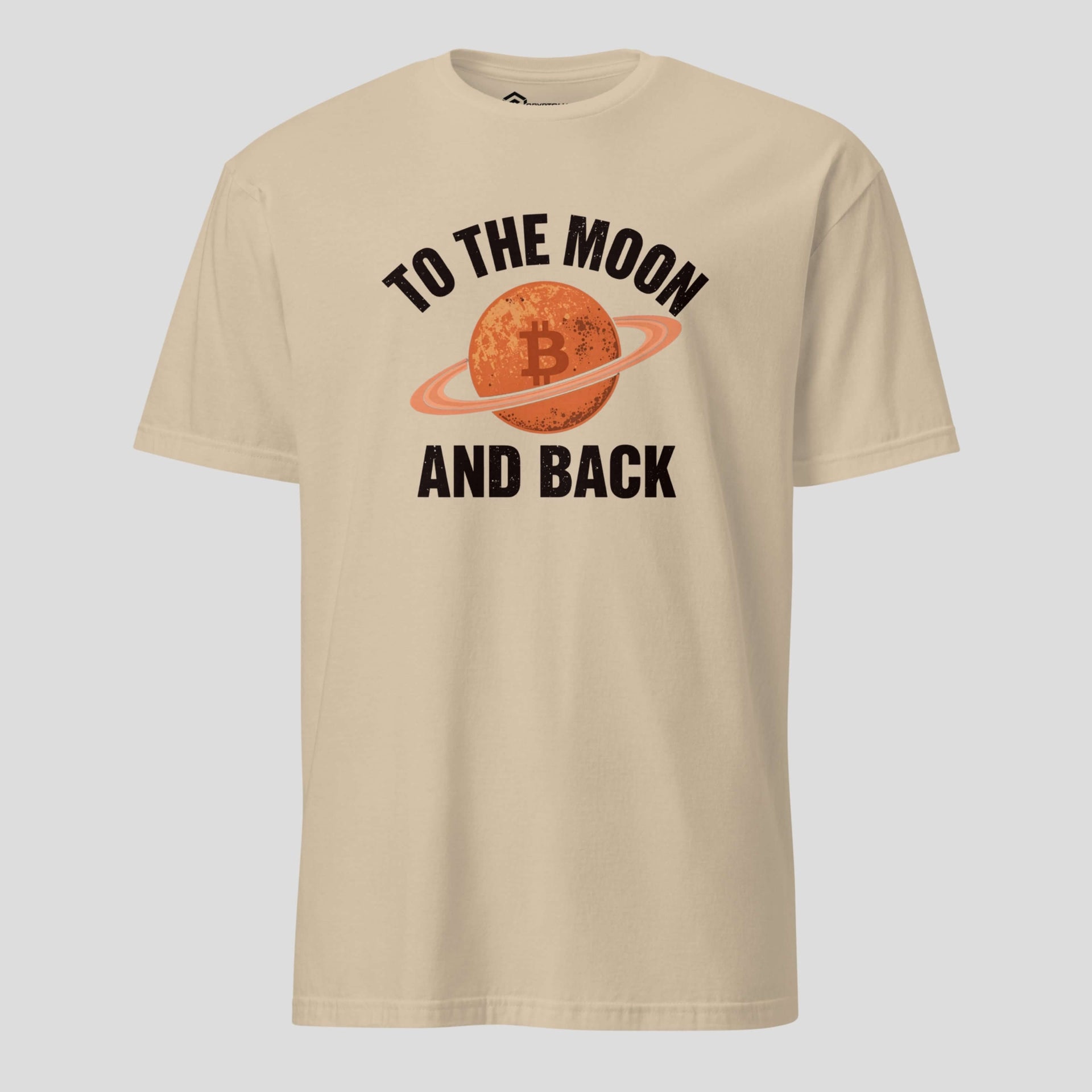 To the Moon and Back beige bitcoin t-shirt with planet crypto design