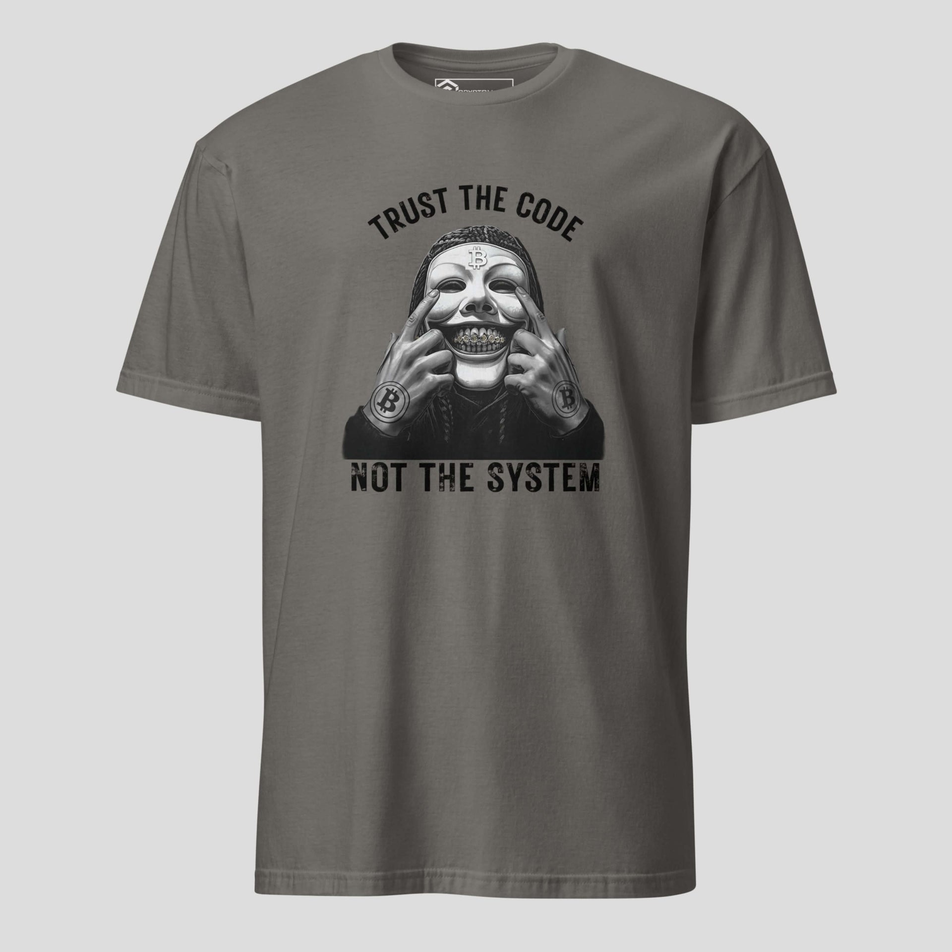 Grey trust the code bitcoin t-shirt with crypto rebel mask design