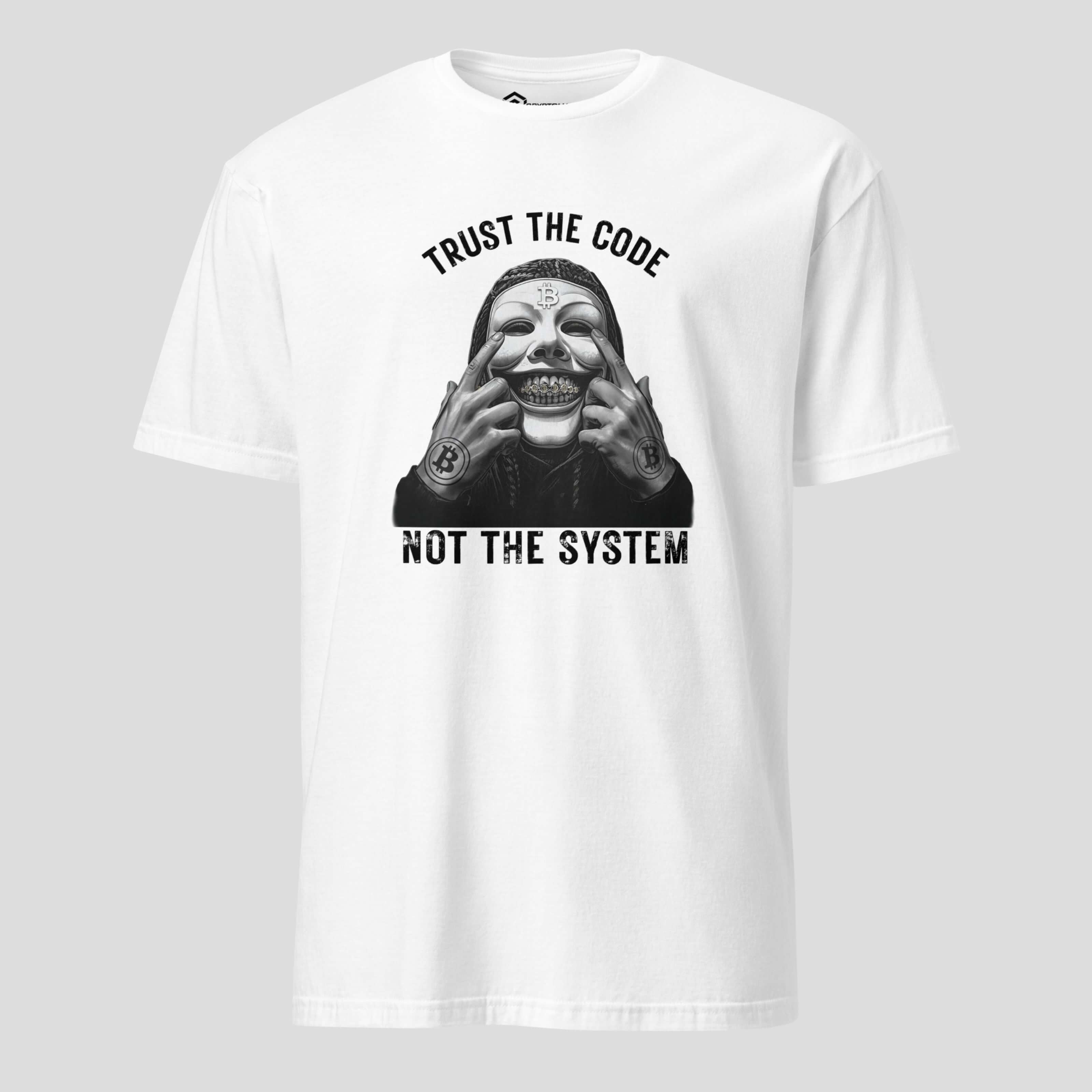 White crypto trust the code graphic t-shirt for traders and builders