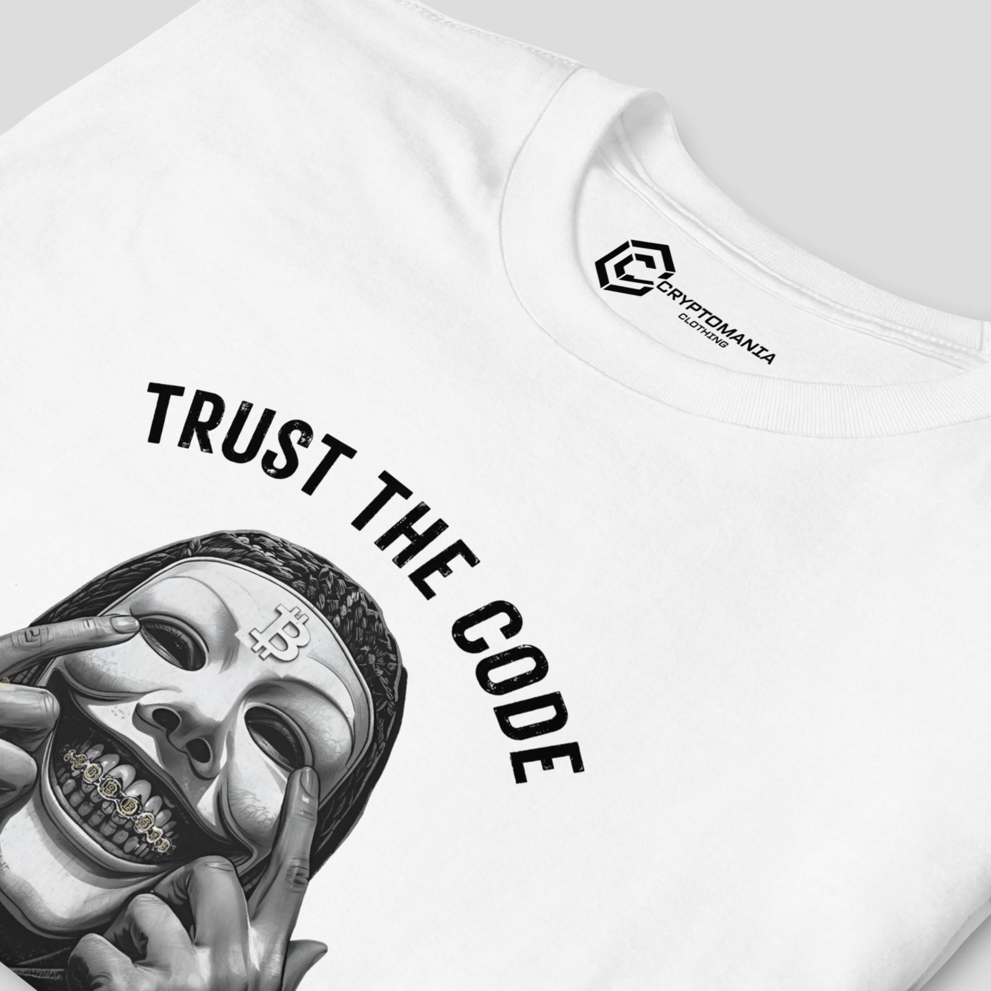 Detailed view of bitcoin inspired anti system crypto streetwear t-shirt