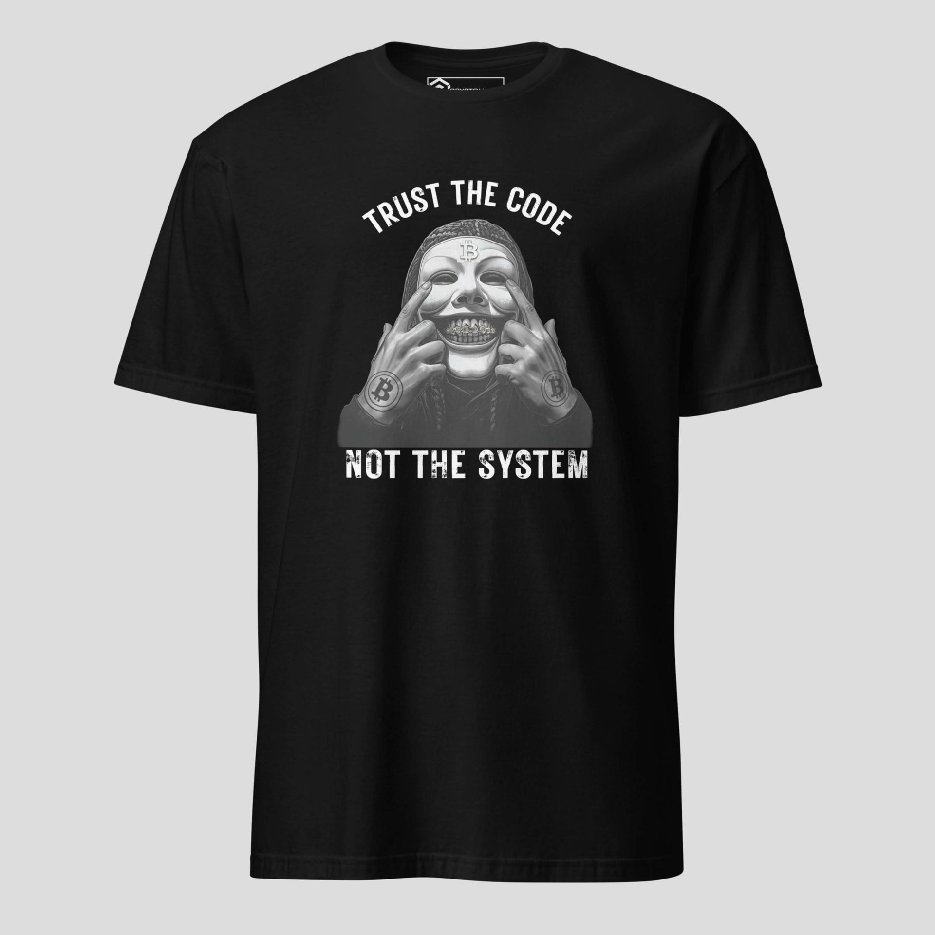 Black bitcoin t-shirt featuring trust the code message