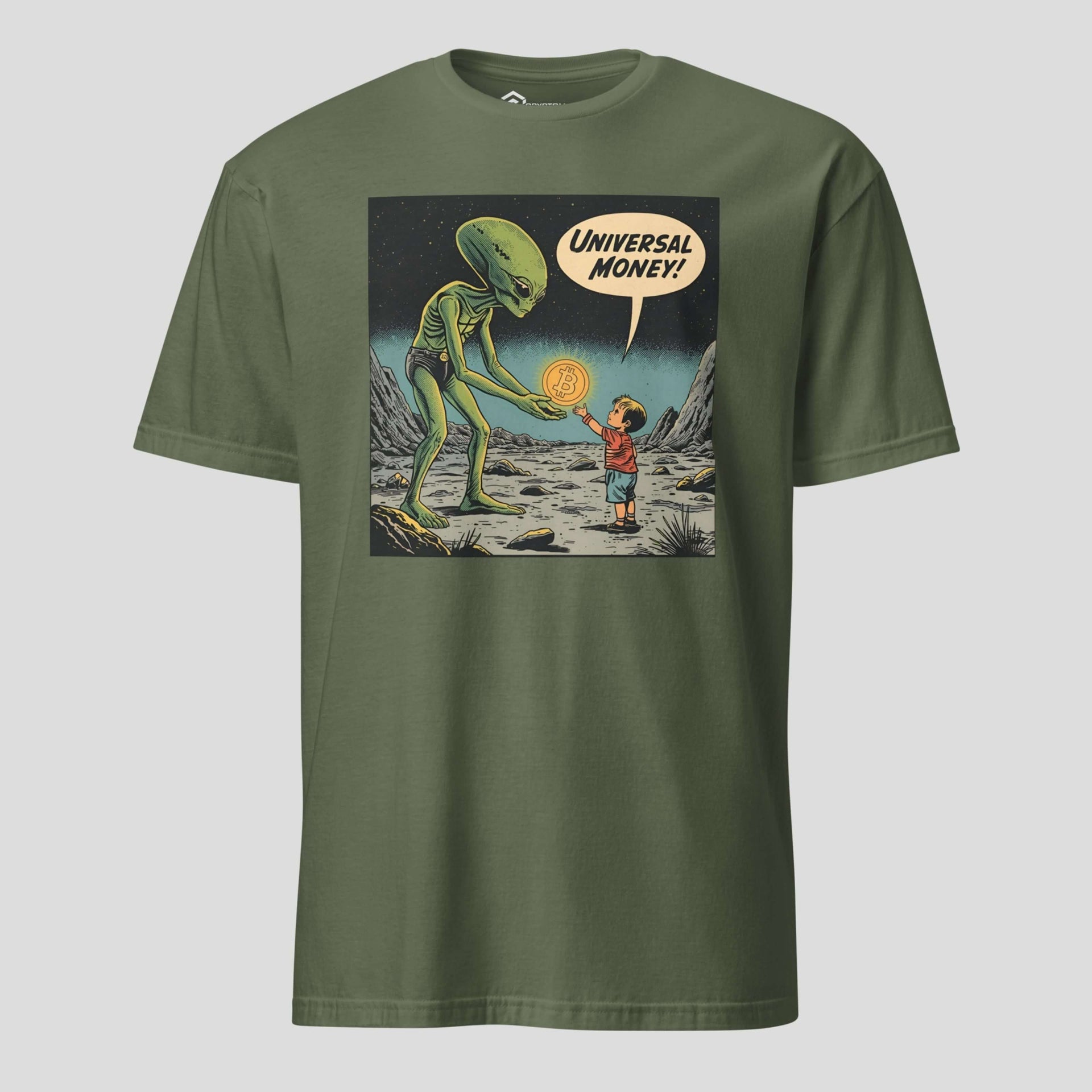 Universal Money alien crypto comic artwork on green t-shirt