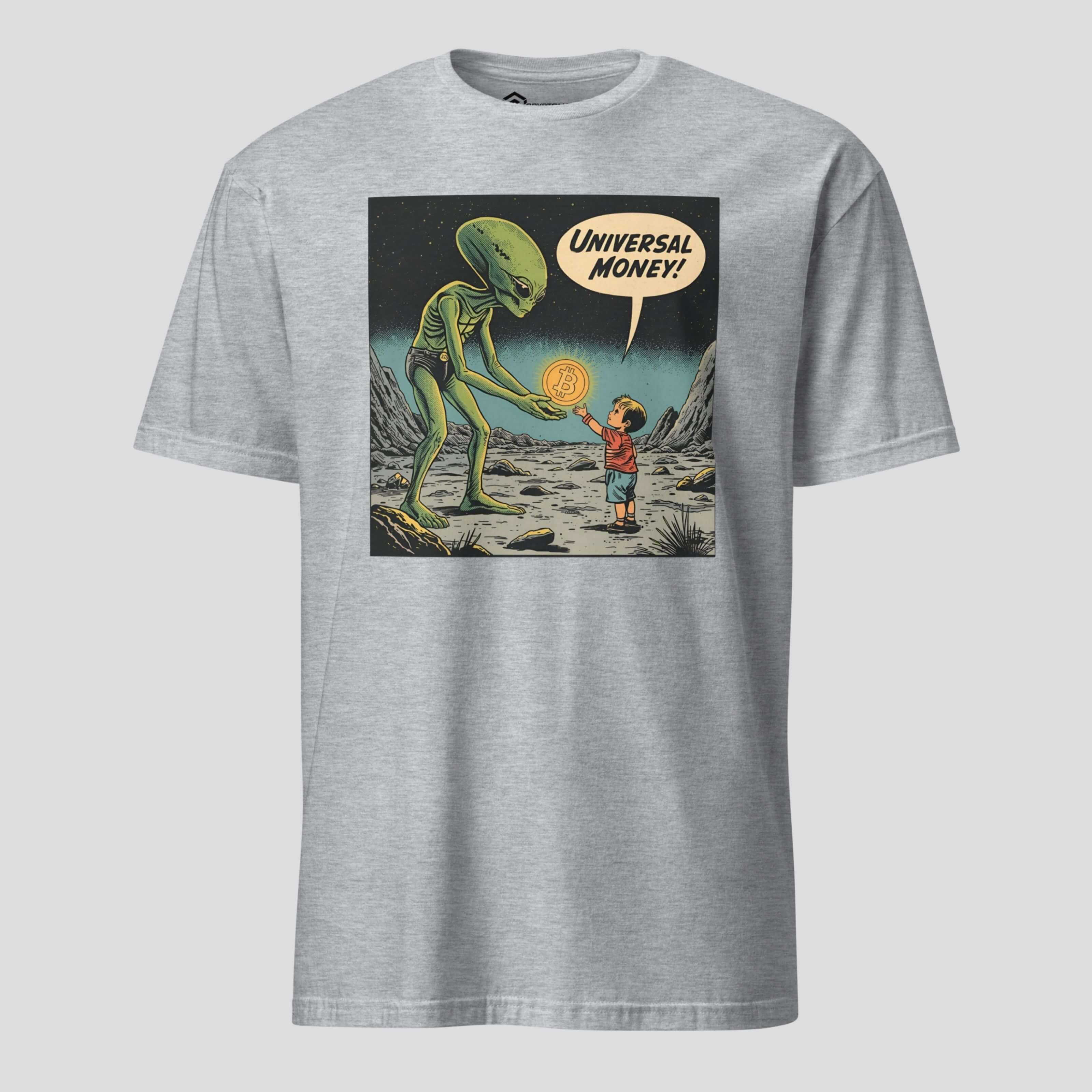 Alien giving universal money coin comic crypto t-shirt grey
