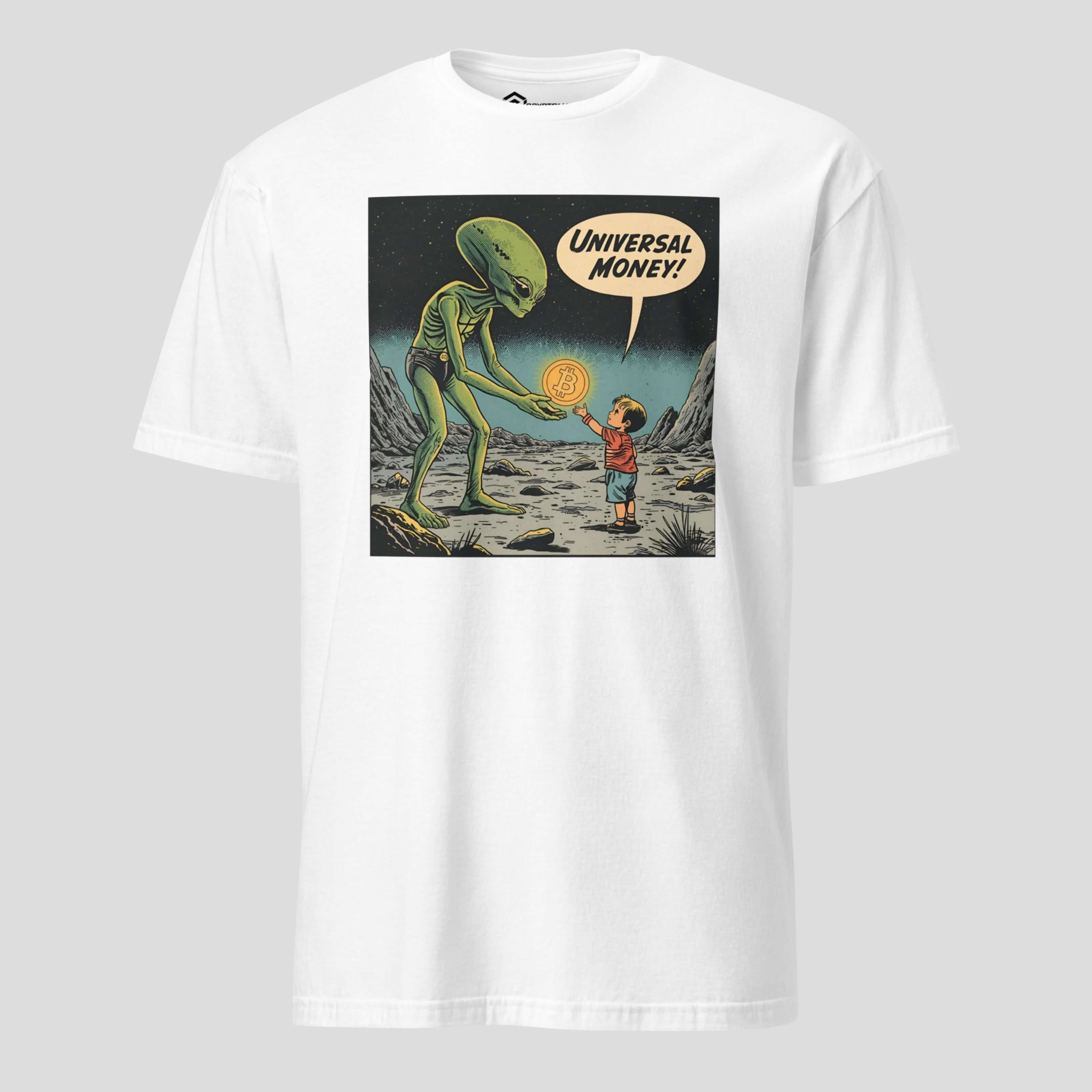 Universal Money crypto alien comic design white t-shirt