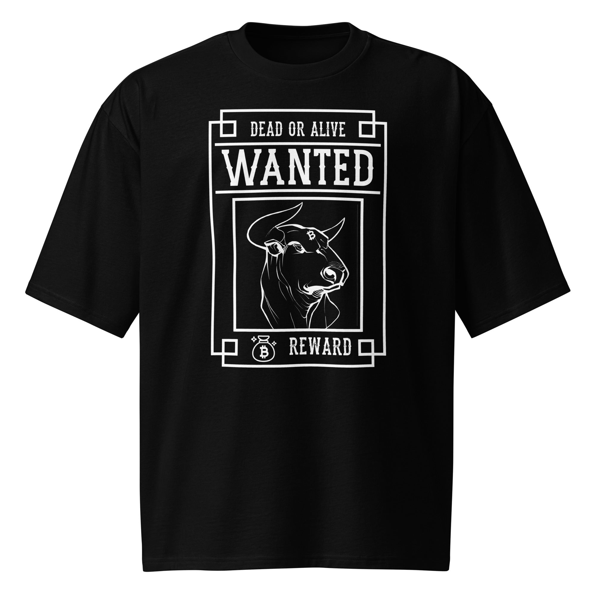 Black oversized streetwear crypto T-shirt with 'WANTED Bull Run' graphic — crypto trading fashion for Bitcoin bulls and bull run traders