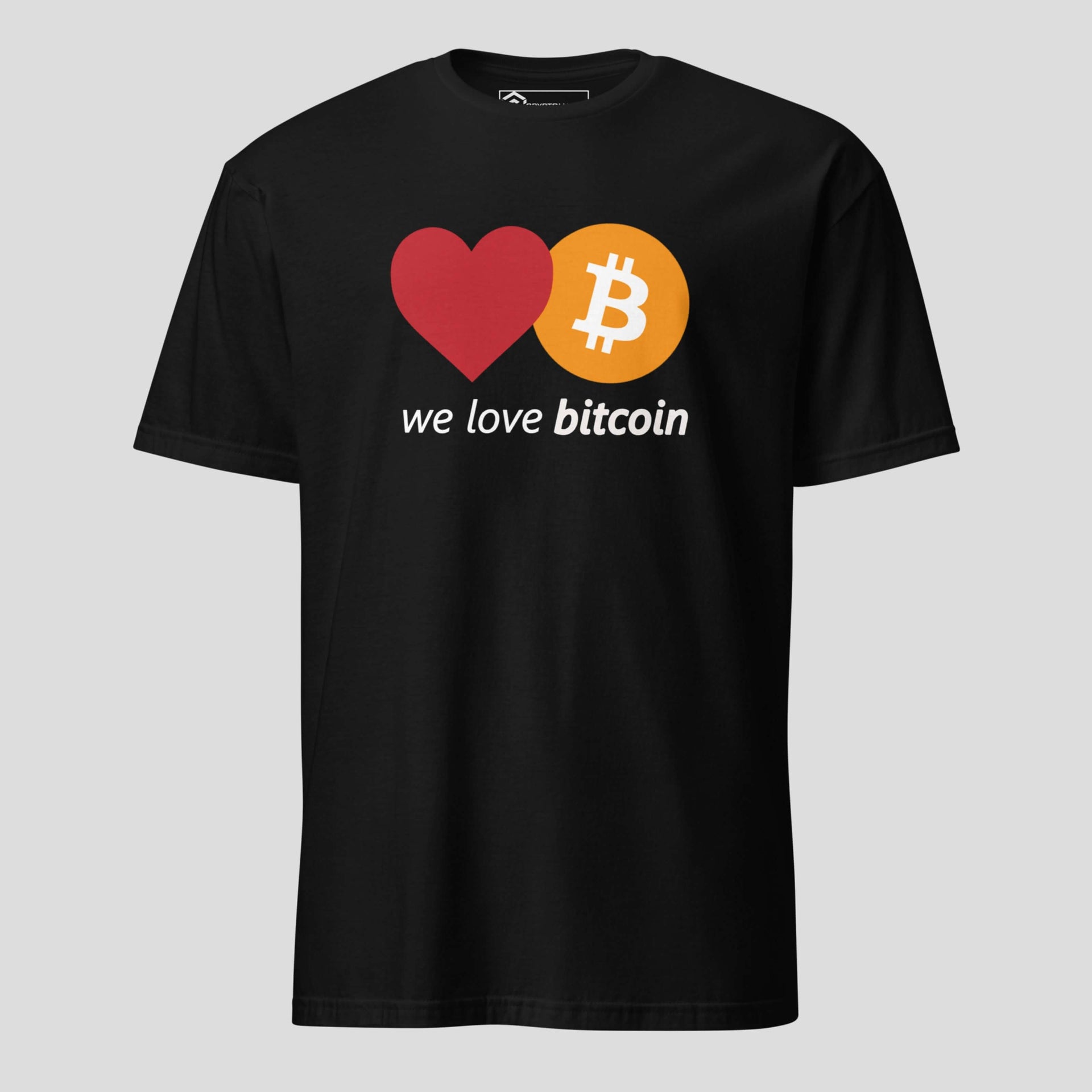 Black minimal we love bitcoin t-shirt with heart and BTC symbol