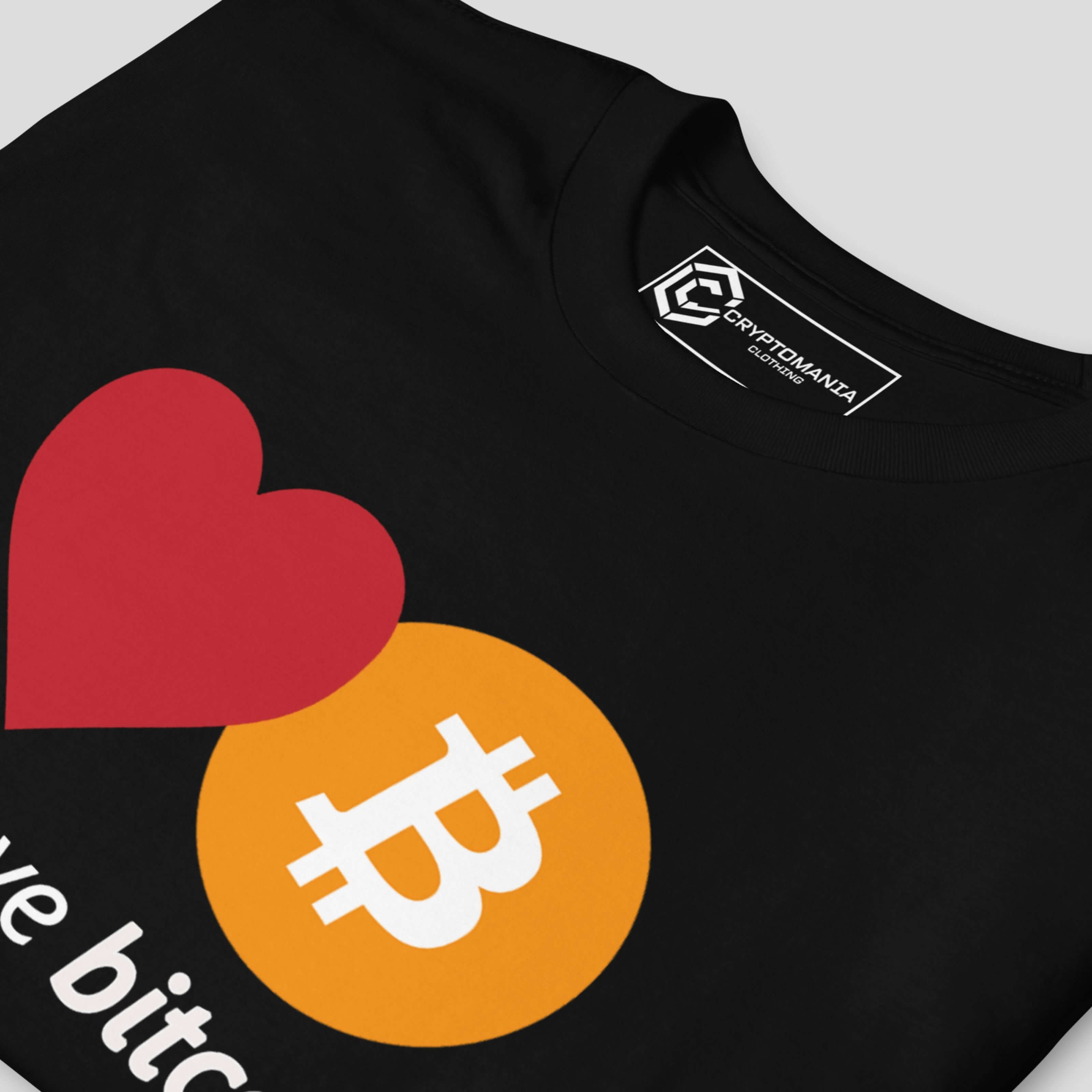 Black t-shirt with Bitcoin symbol and red heart on a gray background