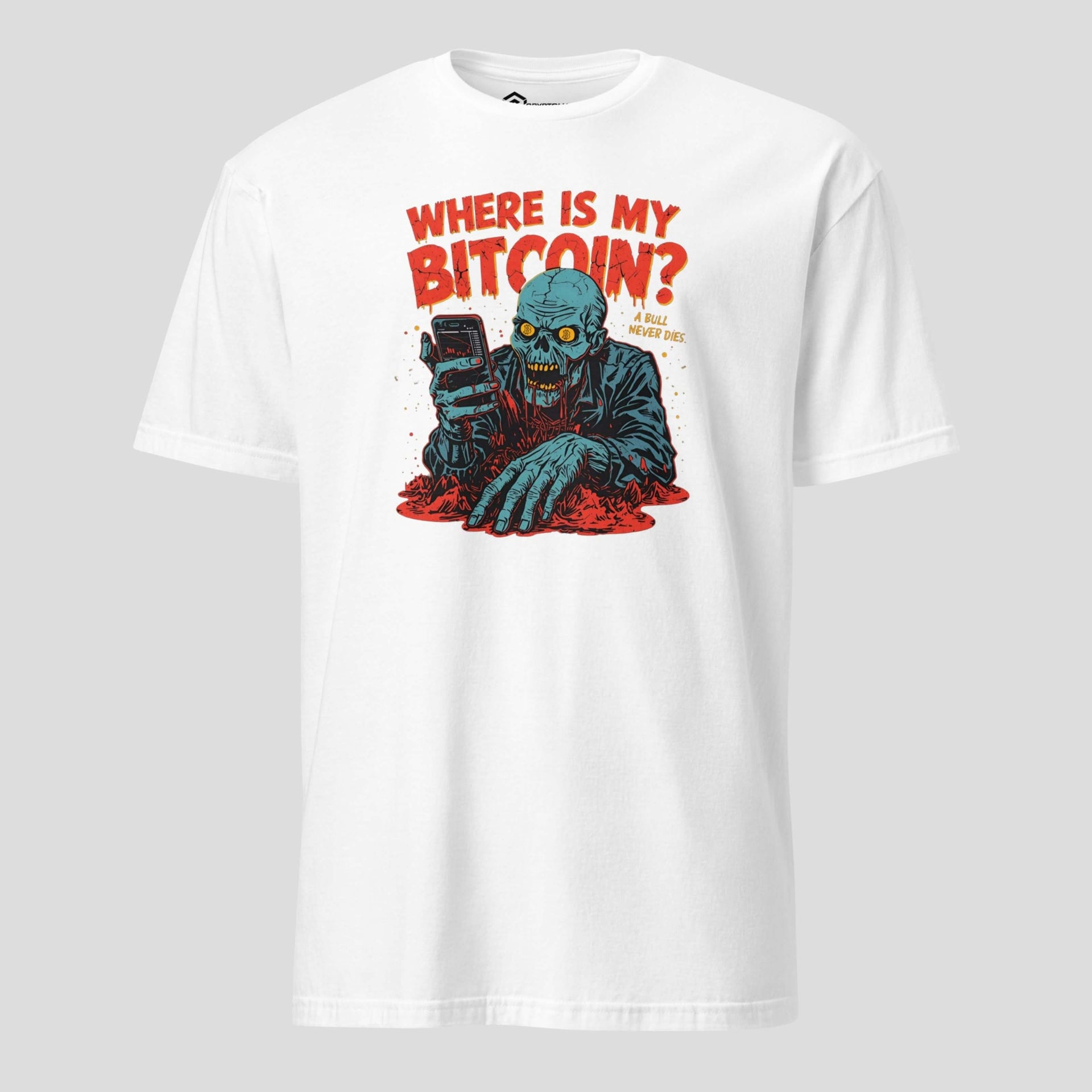 White where is my bitcoin t-shirt front view meme design