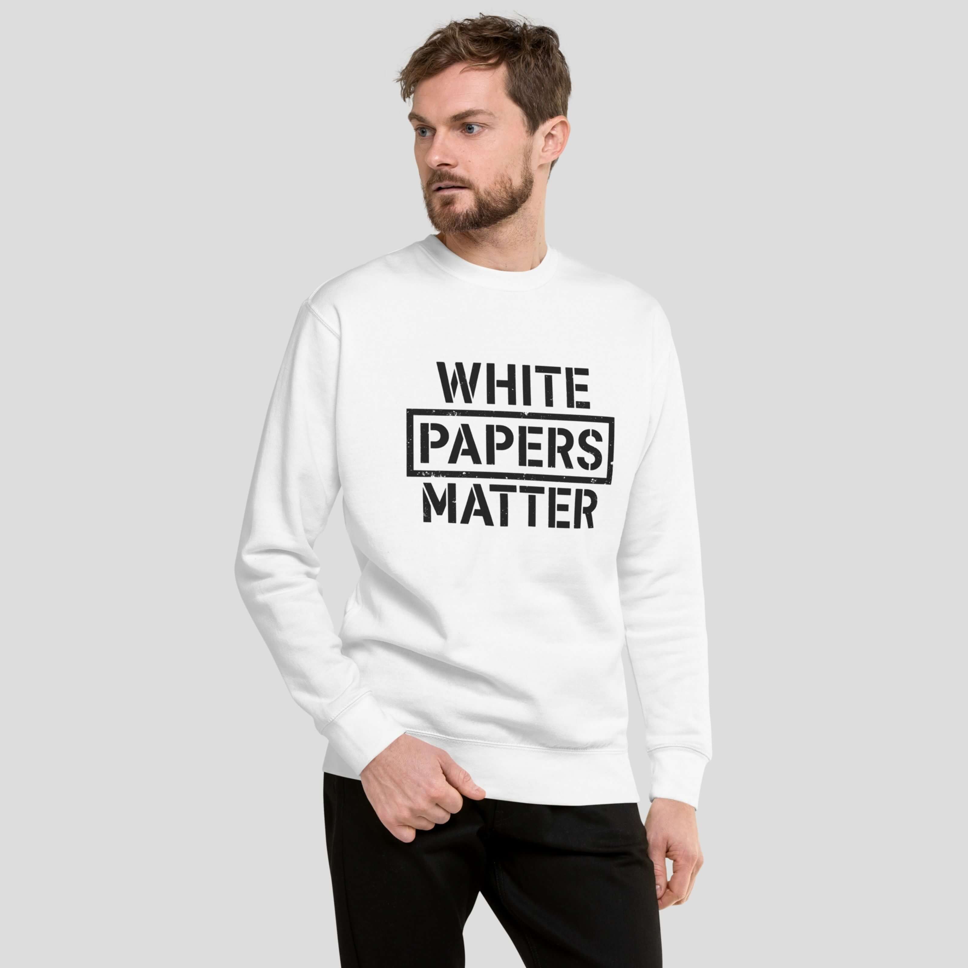 Crypto streetwear sweatshirt White Papers Matter typography print model mock up