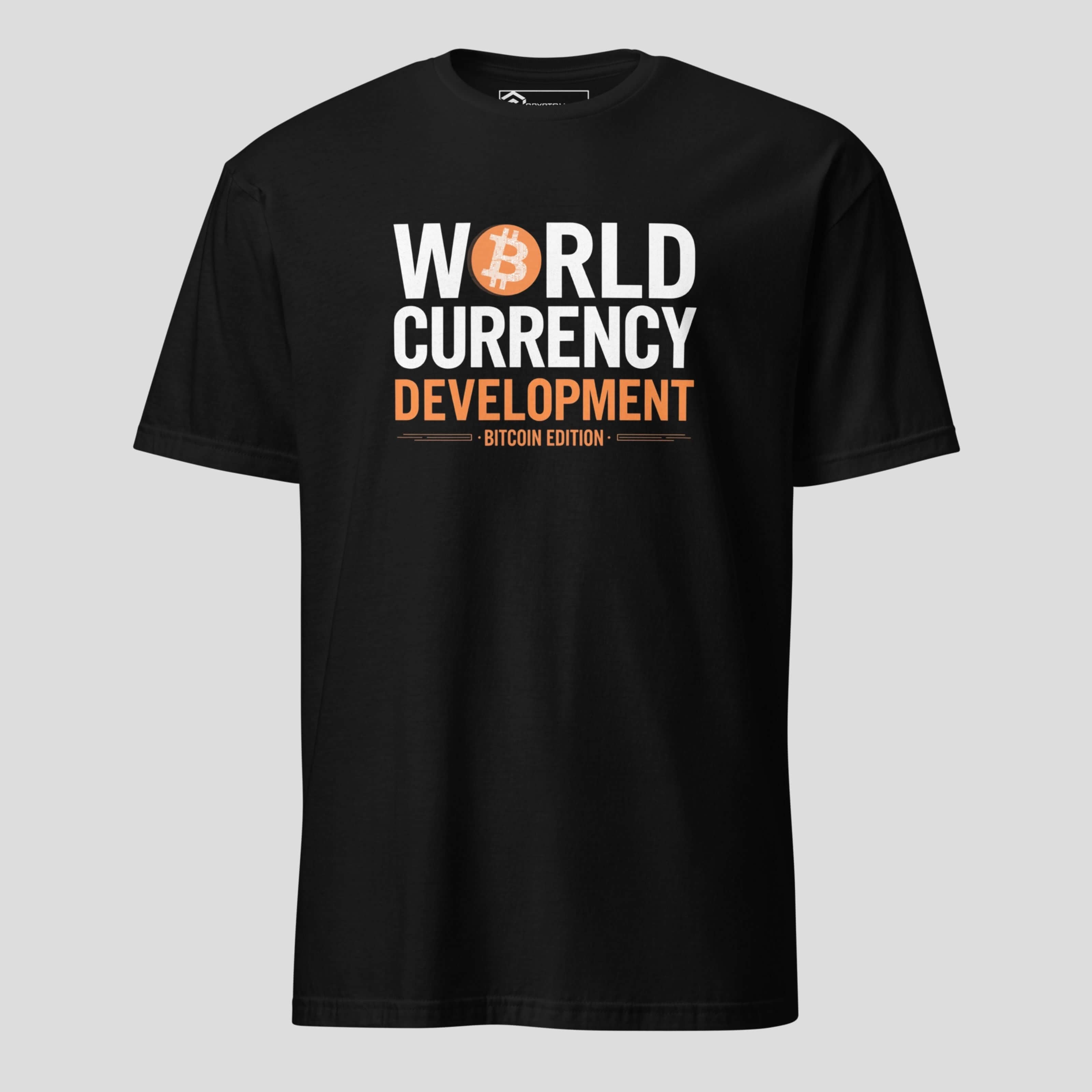 World Currency Development Bitcoin T-shirt with minimalist crypto design